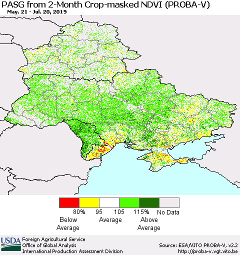 Ukraine, Moldova and Belarus PASG from 2-Month Crop-masked NDVI (PROBA-V) Thematic Map For 7/11/2019 - 7/20/2019