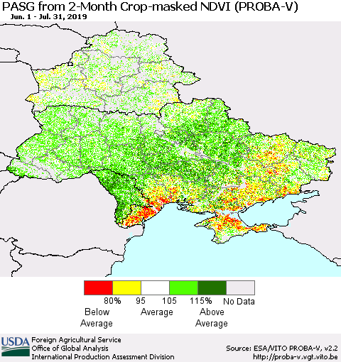 Ukraine, Moldova and Belarus PASG from 2-Month Crop-masked NDVI (PROBA-V) Thematic Map For 7/21/2019 - 7/31/2019