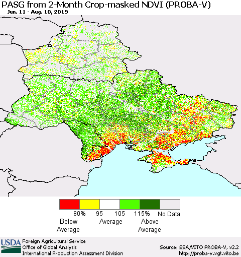 Ukraine, Moldova and Belarus PASG from 2-Month Crop-masked NDVI (PROBA-V) Thematic Map For 8/1/2019 - 8/10/2019