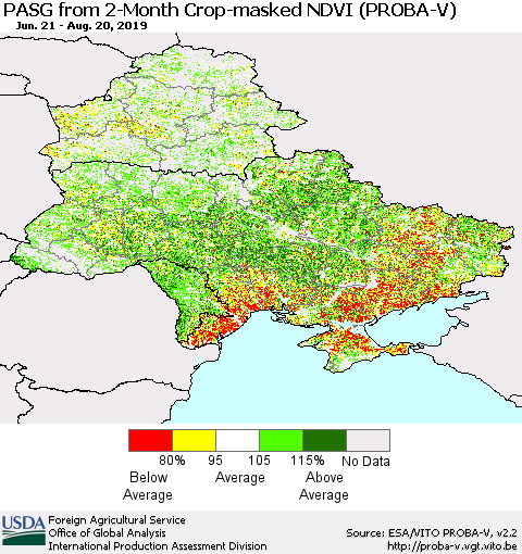 Ukraine, Moldova and Belarus PASG from 2-Month Crop-masked NDVI (PROBA-V) Thematic Map For 8/11/2019 - 8/20/2019