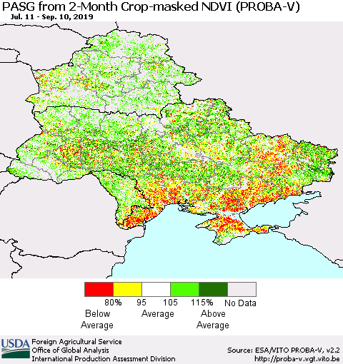 Ukraine, Moldova and Belarus PASG from 2-Month Crop-masked NDVI (PROBA-V) Thematic Map For 9/1/2019 - 9/10/2019