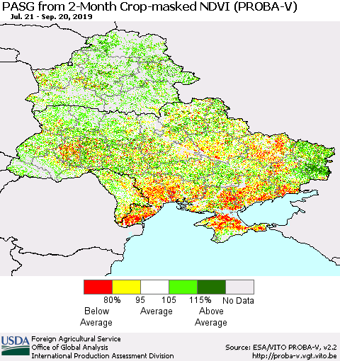 Ukraine, Moldova and Belarus PASG from 2-Month Crop-masked NDVI (PROBA-V) Thematic Map For 9/11/2019 - 9/20/2019