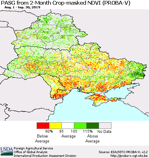 Ukraine, Moldova and Belarus PASG from 2-Month Crop-masked NDVI (PROBA-V) Thematic Map For 9/21/2019 - 9/30/2019