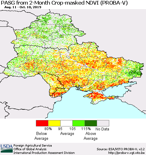 Ukraine, Moldova and Belarus PASG from 2-Month Crop-masked NDVI (PROBA-V) Thematic Map For 10/1/2019 - 10/10/2019