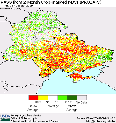 Ukraine, Moldova and Belarus PASG from 2-Month Crop-masked NDVI (PROBA-V) Thematic Map For 10/11/2019 - 10/20/2019