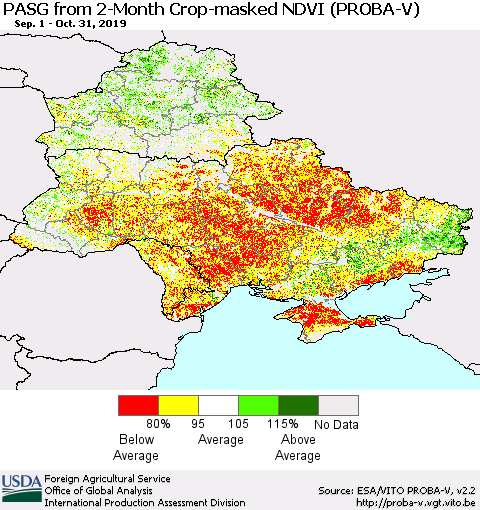 Ukraine, Moldova and Belarus PASG from 2-Month Crop-masked NDVI (PROBA-V) Thematic Map For 10/21/2019 - 10/31/2019