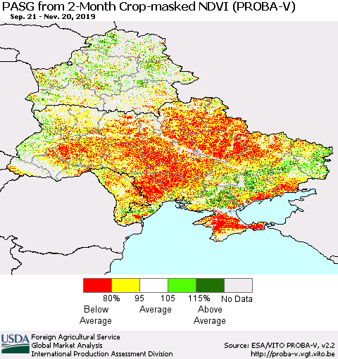 Ukraine, Moldova and Belarus PASG from 2-Month Crop-masked NDVI (PROBA-V) Thematic Map For 11/11/2019 - 11/20/2019