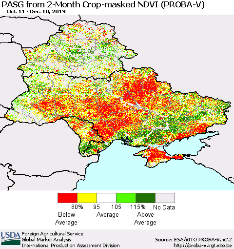 Ukraine, Moldova and Belarus PASG from 2-Month Crop-masked NDVI (PROBA-V) Thematic Map For 12/1/2019 - 12/10/2019