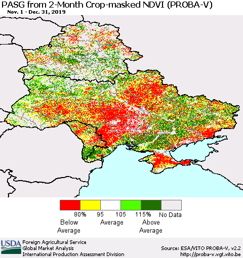 Ukraine, Moldova and Belarus PASG from 2-Month Crop-masked NDVI (PROBA-V) Thematic Map For 12/21/2019 - 12/31/2019