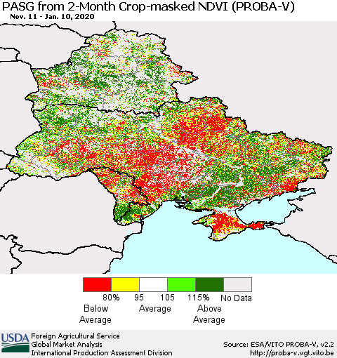 Ukraine, Moldova and Belarus PASG from 2-Month Crop-masked NDVI (PROBA-V) Thematic Map For 1/1/2020 - 1/10/2020