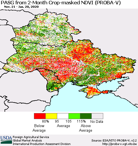 Ukraine, Moldova and Belarus PASG from 2-Month Crop-masked NDVI (PROBA-V) Thematic Map For 1/11/2020 - 1/20/2020