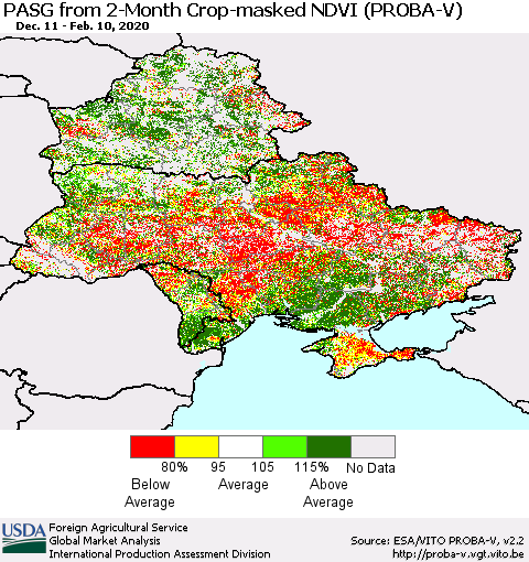 Ukraine, Moldova and Belarus PASG from 2-Month Crop-masked NDVI (PROBA-V) Thematic Map For 2/1/2020 - 2/10/2020