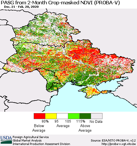Ukraine, Moldova and Belarus PASG from 2-Month Crop-masked NDVI (PROBA-V) Thematic Map For 2/11/2020 - 2/20/2020