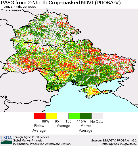 Ukraine, Moldova and Belarus PASG from 2-Month Crop-masked NDVI (PROBA-V) Thematic Map For 2/21/2020 - 2/29/2020