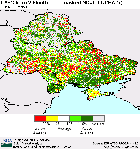 Ukraine, Moldova and Belarus PASG from 2-Month Crop-masked NDVI (PROBA-V) Thematic Map For 3/1/2020 - 3/10/2020