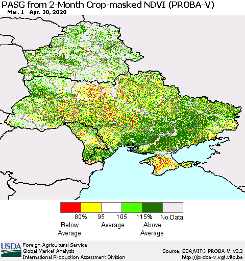 Ukraine, Moldova and Belarus PASG from 2-Month Crop-masked NDVI (PROBA-V) Thematic Map For 4/21/2020 - 4/30/2020
