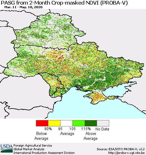 Ukraine, Moldova and Belarus PASG from 2-Month Crop-masked NDVI (PROBA-V) Thematic Map For 5/1/2020 - 5/10/2020