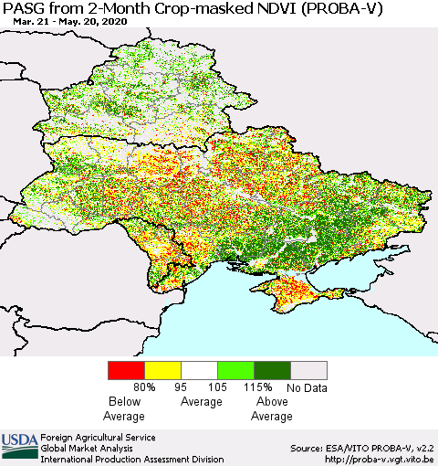 Ukraine, Moldova and Belarus PASG from 2-Month Crop-masked NDVI (PROBA-V) Thematic Map For 5/11/2020 - 5/20/2020