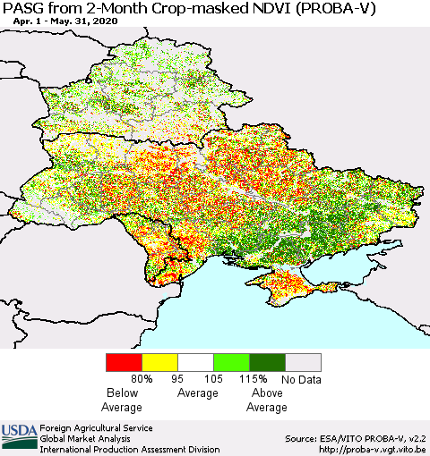 Ukraine, Moldova and Belarus PASG from 2-Month Crop-masked NDVI (PROBA-V) Thematic Map For 5/21/2020 - 5/31/2020
