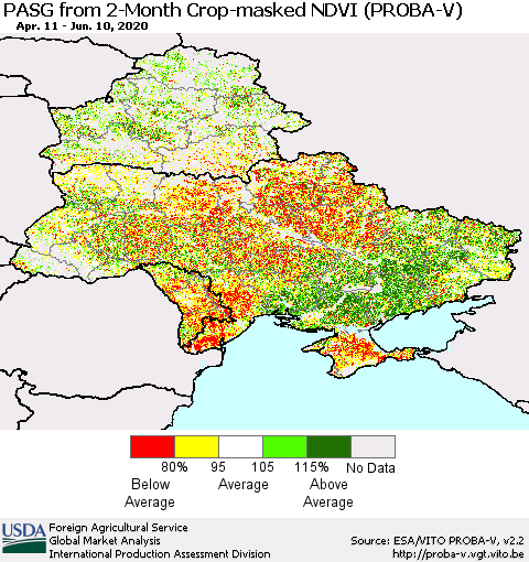 Ukraine, Moldova and Belarus PASG from 2-Month Crop-masked NDVI (PROBA-V) Thematic Map For 6/1/2020 - 6/10/2020