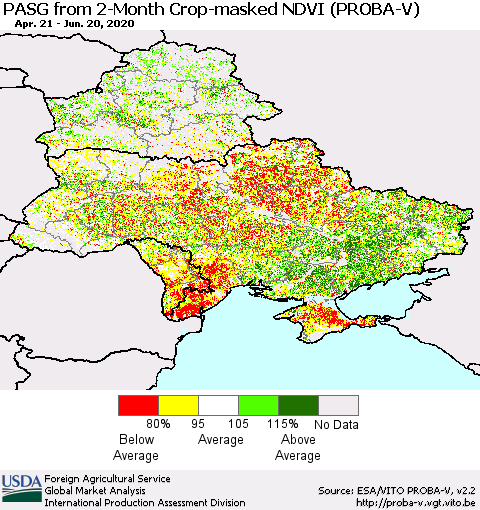 Ukraine, Moldova and Belarus PASG from 2-Month Crop-masked NDVI (PROBA-V) Thematic Map For 6/11/2020 - 6/20/2020