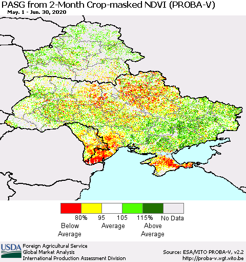 Ukraine, Moldova and Belarus PASG from 2-Month Crop-masked NDVI (PROBA-V) Thematic Map For 6/21/2020 - 6/30/2020