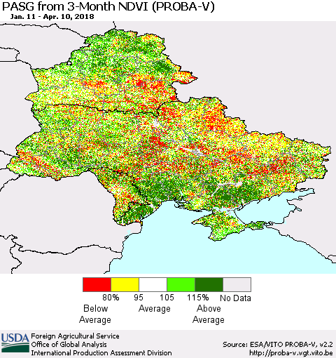 Ukraine, Moldova and Belarus PASG from 3-Month NDVI (PROBA-V) Thematic Map For 4/1/2018 - 4/10/2018