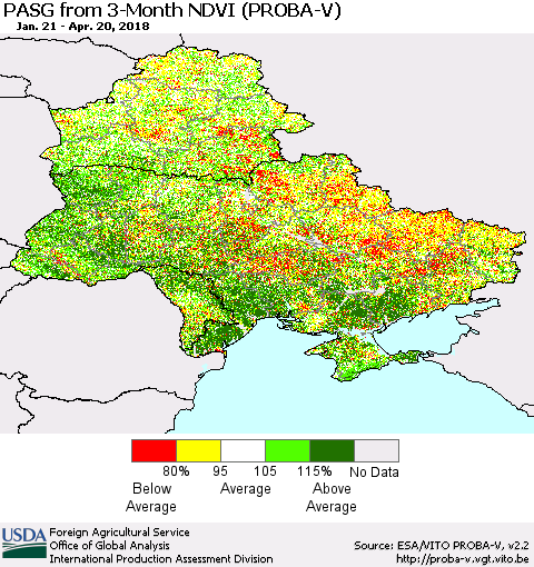 Ukraine, Moldova and Belarus PASG from 3-Month NDVI (PROBA-V) Thematic Map For 4/11/2018 - 4/20/2018