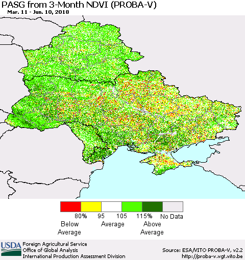 Ukraine, Moldova and Belarus PASG from 3-Month NDVI (PROBA-V) Thematic Map For 6/1/2018 - 6/10/2018