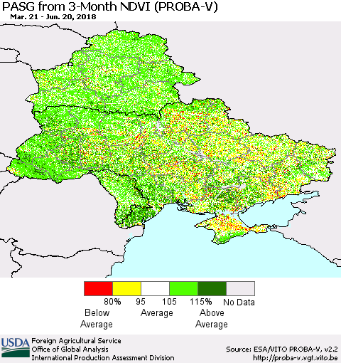 Ukraine, Moldova and Belarus PASG from 3-Month NDVI (PROBA-V) Thematic Map For 6/11/2018 - 6/20/2018