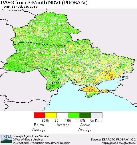 Ukraine, Moldova and Belarus PASG from 3-Month NDVI (PROBA-V) Thematic Map For 7/1/2018 - 7/10/2018