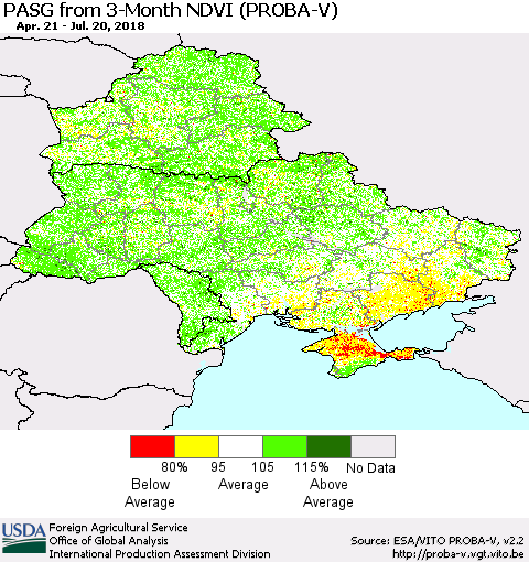 Ukraine, Moldova and Belarus PASG from 3-Month NDVI (PROBA-V) Thematic Map For 7/11/2018 - 7/20/2018