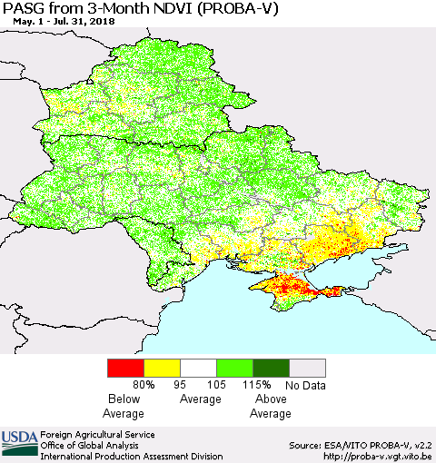 Ukraine, Moldova and Belarus PASG from 3-Month NDVI (PROBA-V) Thematic Map For 7/21/2018 - 7/31/2018