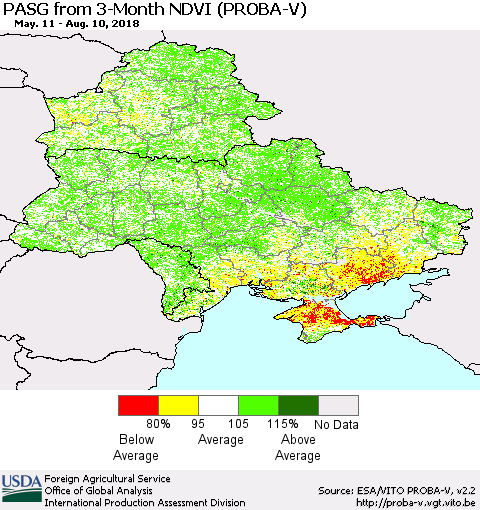 Ukraine, Moldova and Belarus PASG from 3-Month NDVI (PROBA-V) Thematic Map For 8/1/2018 - 8/10/2018