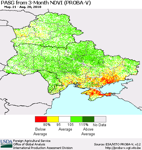 Ukraine, Moldova and Belarus PASG from 3-Month NDVI (PROBA-V) Thematic Map For 8/11/2018 - 8/20/2018