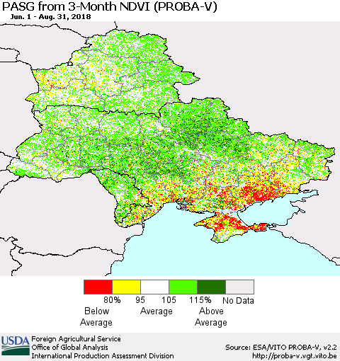 Ukraine, Moldova and Belarus PASG from 3-Month NDVI (PROBA-V) Thematic Map For 8/21/2018 - 8/31/2018