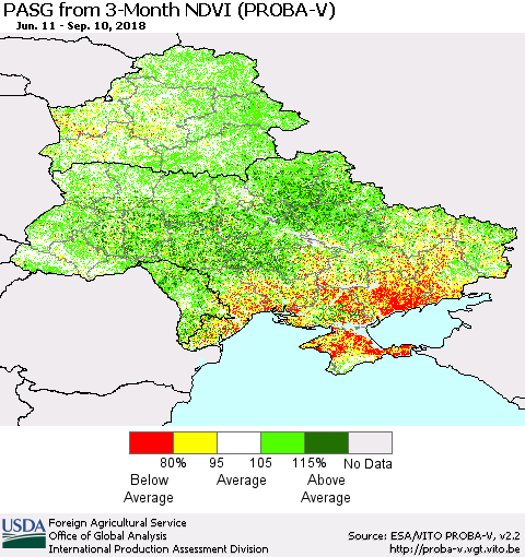 Ukraine, Moldova and Belarus PASG from 3-Month NDVI (PROBA-V) Thematic Map For 9/1/2018 - 9/10/2018