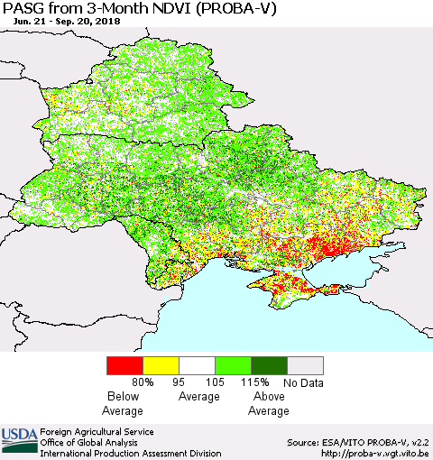 Ukraine, Moldova and Belarus PASG from 3-Month NDVI (PROBA-V) Thematic Map For 9/11/2018 - 9/20/2018