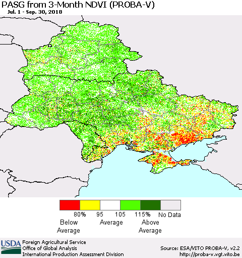 Ukraine, Moldova and Belarus PASG from 3-Month NDVI (PROBA-V) Thematic Map For 9/21/2018 - 9/30/2018