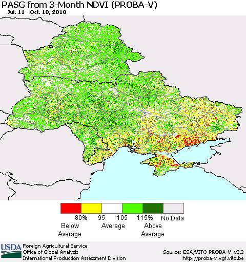 Ukraine, Moldova and Belarus PASG from 3-Month NDVI (PROBA-V) Thematic Map For 10/1/2018 - 10/10/2018