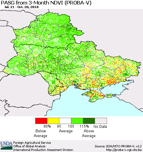 Ukraine, Moldova and Belarus PASG from 3-Month NDVI (PROBA-V) Thematic Map For 10/11/2018 - 10/20/2018