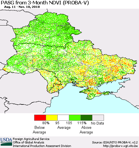Ukraine, Moldova and Belarus PASG from 3-Month NDVI (PROBA-V) Thematic Map For 11/1/2018 - 11/10/2018