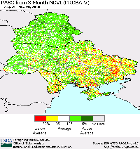 Ukraine, Moldova and Belarus PASG from 3-Month NDVI (PROBA-V) Thematic Map For 11/11/2018 - 11/20/2018