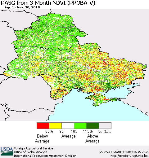Ukraine, Moldova and Belarus PASG from 3-Month NDVI (PROBA-V) Thematic Map For 11/21/2018 - 11/30/2018