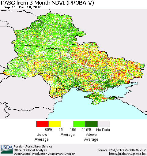 Ukraine, Moldova and Belarus PASG from 3-Month NDVI (PROBA-V) Thematic Map For 12/1/2018 - 12/10/2018