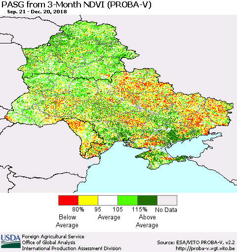 Ukraine, Moldova and Belarus PASG from 3-Month NDVI (PROBA-V) Thematic Map For 12/11/2018 - 12/20/2018