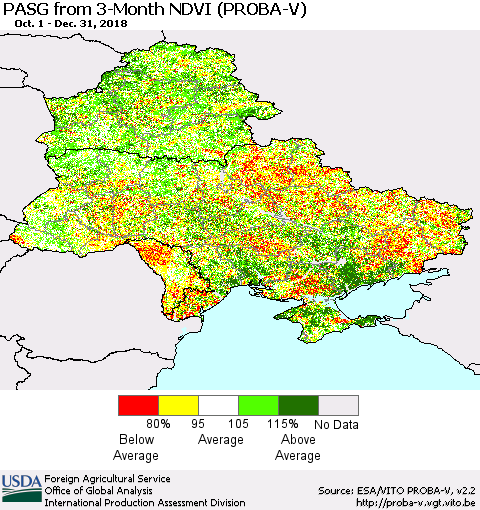 Ukraine, Moldova and Belarus PASG from 3-Month NDVI (PROBA-V) Thematic Map For 12/21/2018 - 12/31/2018