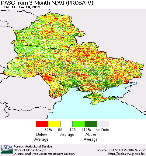 Ukraine, Moldova and Belarus PASG from 3-Month NDVI (PROBA-V) Thematic Map For 1/1/2019 - 1/10/2019