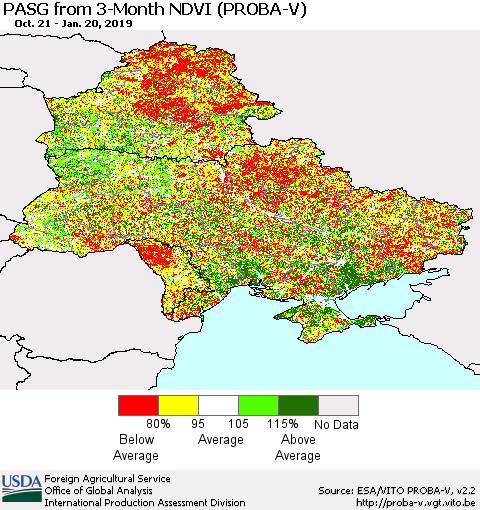 Ukraine, Moldova and Belarus PASG from 3-Month NDVI (PROBA-V) Thematic Map For 1/11/2019 - 1/20/2019