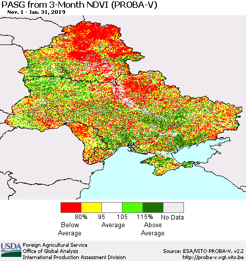 Ukraine, Moldova and Belarus PASG from 3-Month NDVI (PROBA-V) Thematic Map For 1/21/2019 - 1/31/2019
